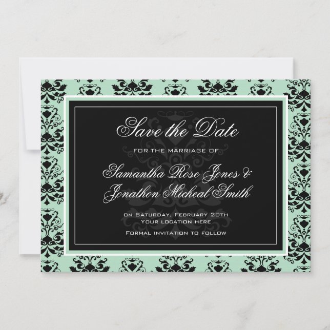 Minze und schwarze Damasken Hochzeit Save the Date (Vorderseite)