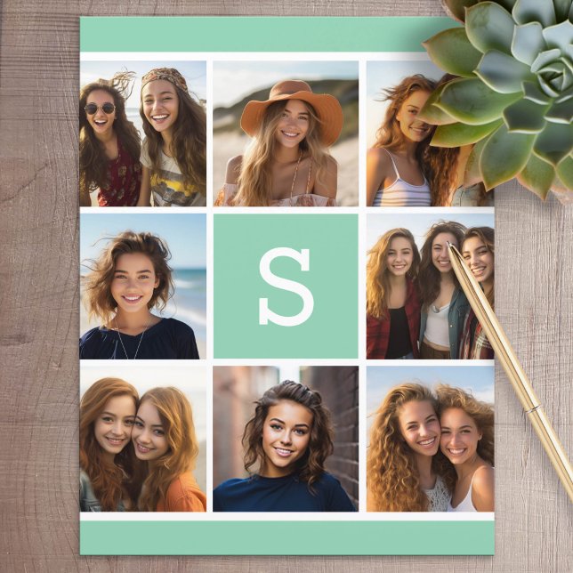 Minze und weiße FotoCollage mit Monogramm (Personalized Stationery)