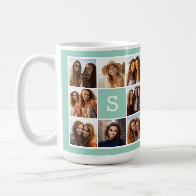 Minze und weiße FotoCollage mit Monogramm Tasse (Links)