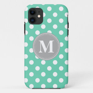Minze und weiße Polka Dots Grau Monogramm iPhone 11 Hülle