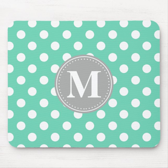 Minze und weiße Polka Dots Grau Monogramm Mousepad (Vorne)