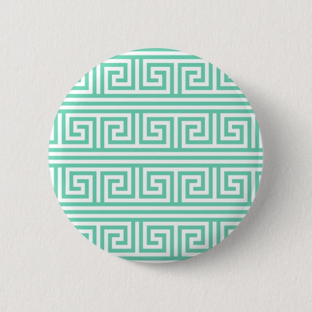 Minze und weißes griechisches Schlüsselmuster Button (Vorderseite)
