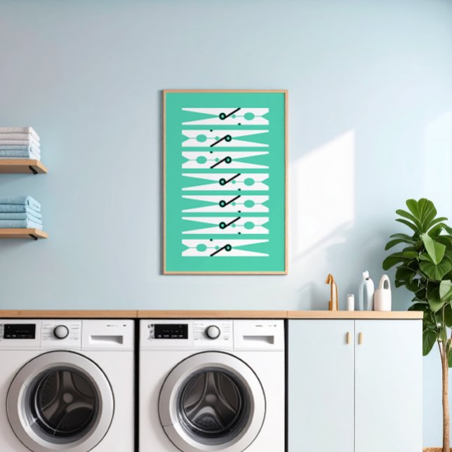 Minze Vintage Kleidung Buttone Grafische Wäscherei Poster (Neo mint green and white modern graphic clothes pins art for a fun laundry room)