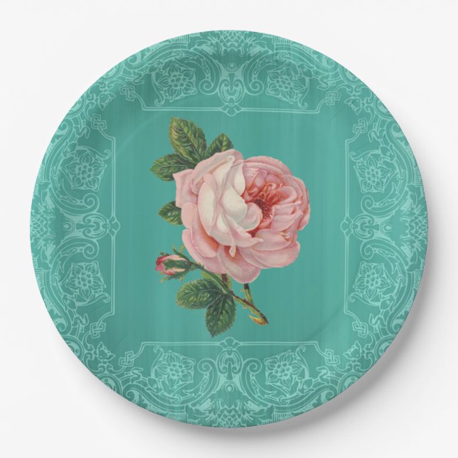 Minze Vintage Rose Papier Teller (Vorderseite)