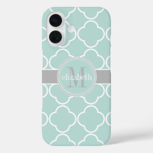 Minze weiß Monogram, Graue Quatrefolie iPhone 16 Hülle
