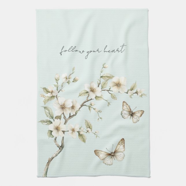Minze Weiße Blumen Schmetterlinge  Geschirrtuch (Vertikal)