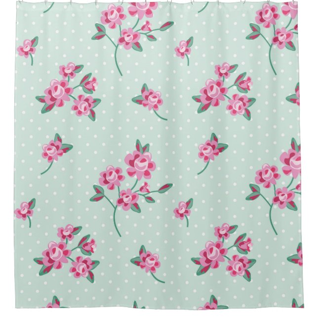 Minze, weiße Polkapunkte, Shabby Chic, rosa Duschvorhang (Vorderseite)