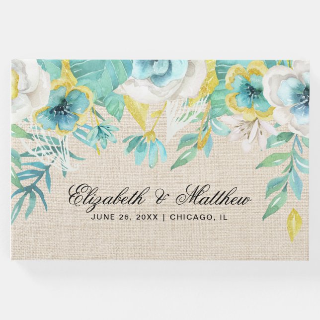 Minze, weißes Gelb-Blütenburlap Textur Hochzeit Gästebuch (Vorderseite)