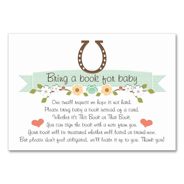 Minze Western Horseshoe Baby Book Request Card Tischnummer (Vorderseite)