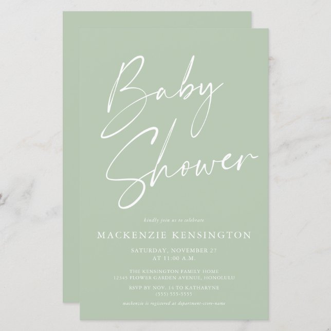 Minzensage Green Simple Script Baby Dusche (Vorne/Hinten)