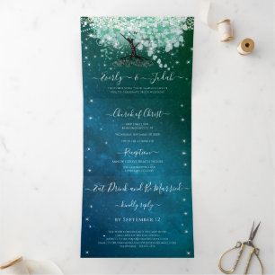 Minzgrün Aquamarin Blau Herz Blatt Baum Hochzeit Dreifach Gefaltete Einladung