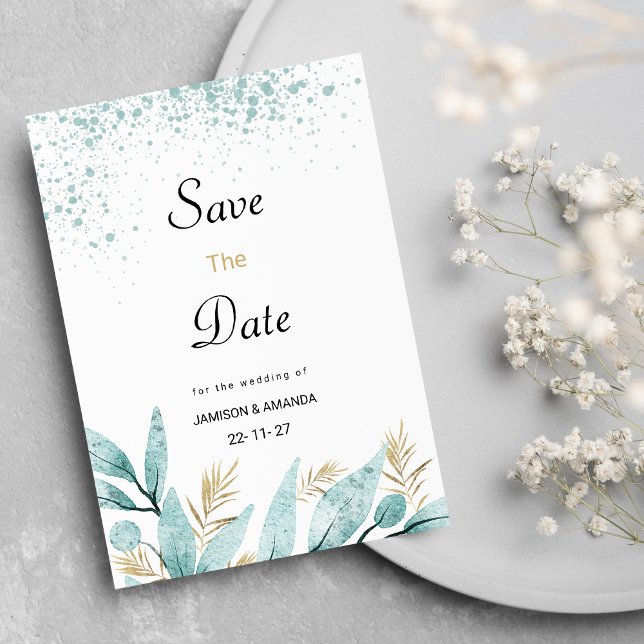 Minzgrün, Aquarellfolien Save the Date Einladung (Mint green gold watercolor foliage Save The Date)