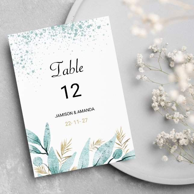 Minzgrün, Aquarellfolien-Tischnummern Einladung (Mint green gold watercolor foliage Table Numbers)
