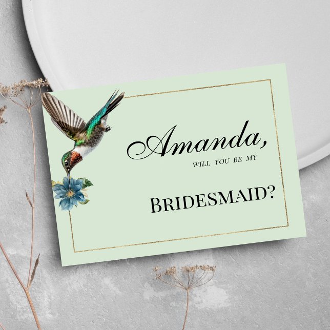 Minzgrün goldfarbener Kolibri Bridesmaid Einladung (Mint green gold colorful hummingbird Bridesmaid )