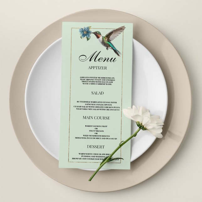 Minzgrün goldfarbener Kolibri Hochzeitsmenü Programm (Mint green gold colorful hummingbird Wedding Menu)