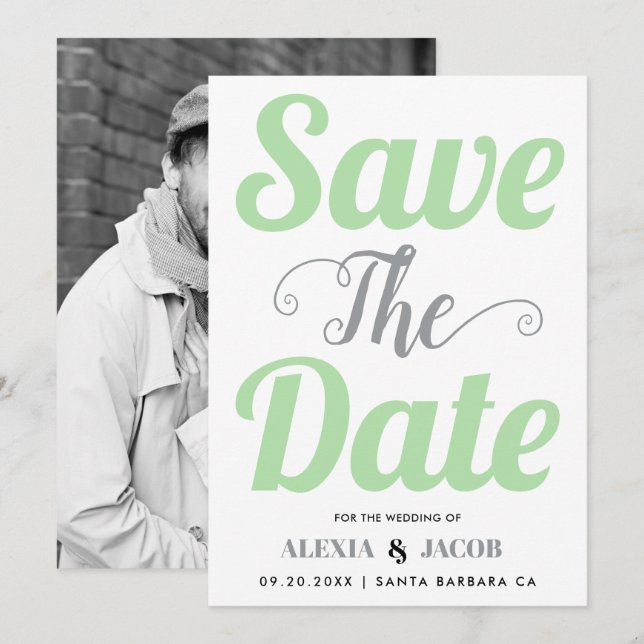 Minzgrün, graue Typografie und Foto auf der Rückse Save The Date (Vorne/Hinten)