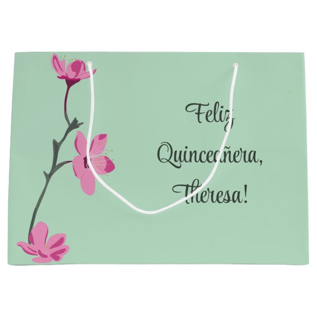 Minzgrün mit rosa Kirschblüten Personalisiert Große Geschenktüte (Vorderseite)