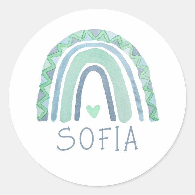 Minzgrün und blauer Boho Regenbogen Runder Aufkleber (Vorderseite)