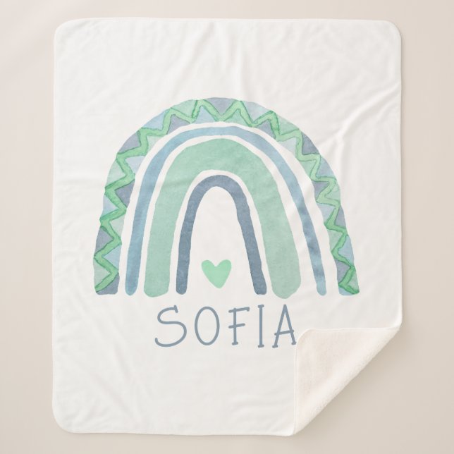 Minzgrün und blauer Boho Regenbogen Sherpadecke (Vorderseite)