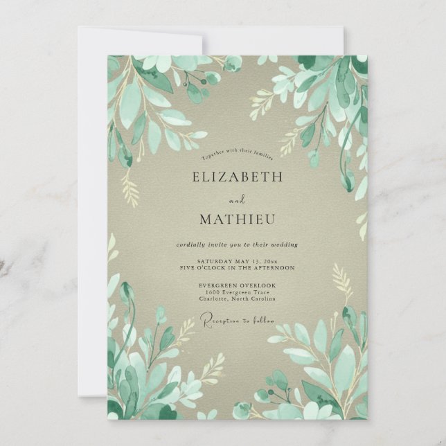 Minzgrüne Blätterwald-Hochzeit Einladung (Vorderseite)