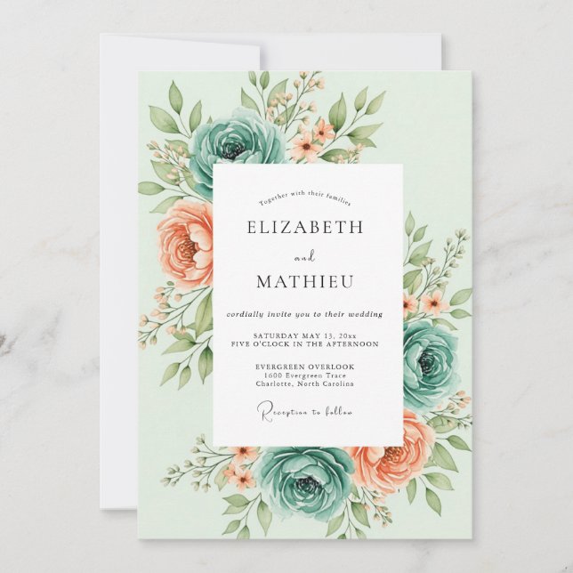 Minzgrüne blühende botanische Hochzeit Einladung (Vorderseite)