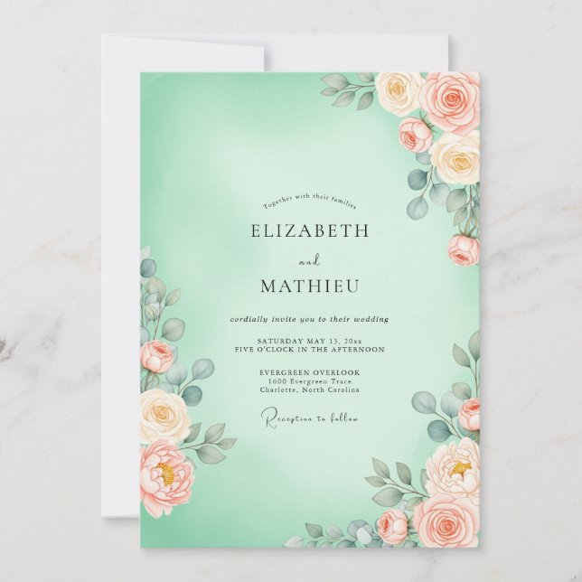 Minzgrüne Blütenhochzeit Einladung (Vorderseite)
