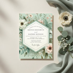 Minzgrüne botanische Blütenhochzeit Einladung