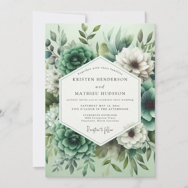 Minzgrüne florale Opulenz-Hochzeit Einladung (Vorderseite)