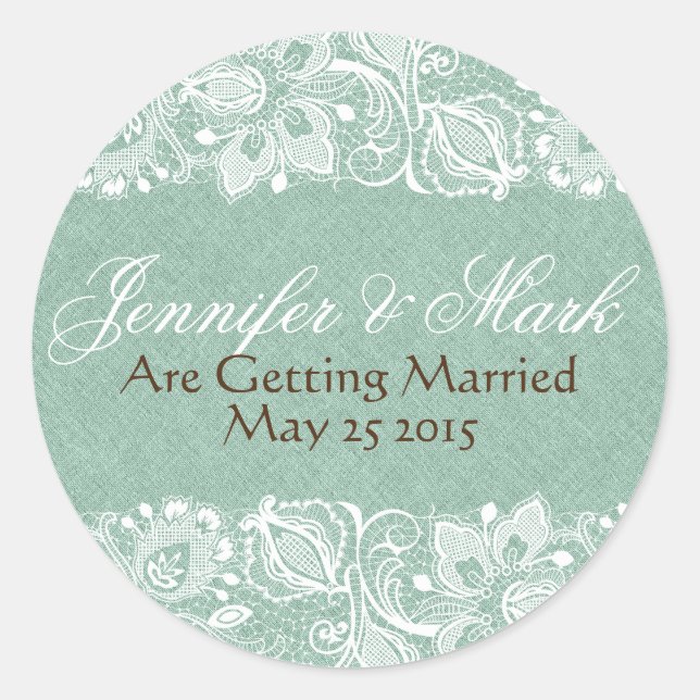 Minzgrüne Imitate Leinen Burlap & White Floral Lac Runder Aufkleber (Vorderseite)