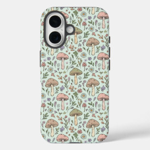 Minzgrüne Pilze Cottagecore Nahtloses Muster iPhone 16 Hülle