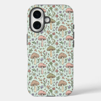 Minzgrüne Pilze Cottagecore Nahtloses Muster iPhone 16 Hülle