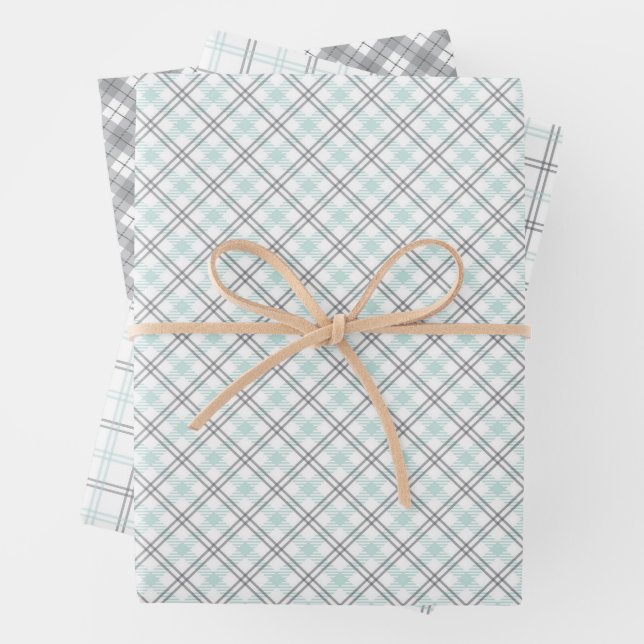 Minzgrüne und graue Gingham-Geschenkpapierbögen Geschenkpapier Set (Beispiel)