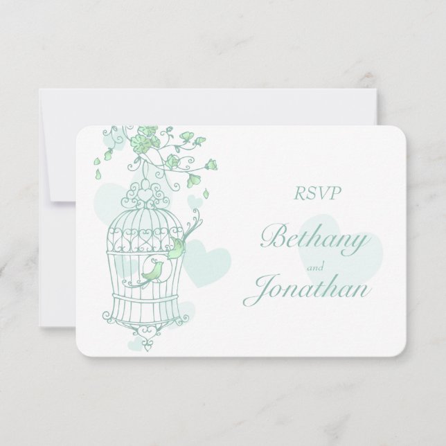 Minzgrüne Vögel öffnen Käfig Hochzeit RSVP (Vorderseite)