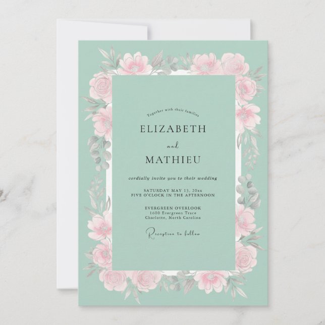 Minzpinke Hochzeitsblüte Einladung (Vorderseite)
