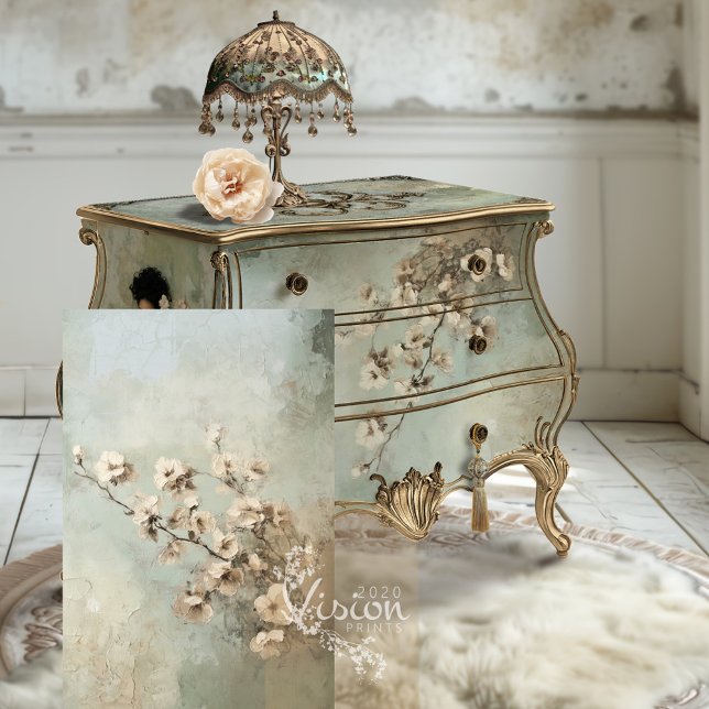 Minzsäge Grüne Abstrakte Kirschblüten Seidenpapier (Rustic Charm Mint Sage Green, Abstract Cherry Blossom Branch Decoupage Tissue Paper.)