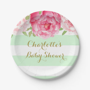 Minzstreifen Rosa Wasserfarbe Baby Shower Teller
