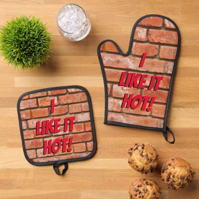 "Mir gefällt es heiß!" Ofenhandschuh & Topflappen-Set (Oben Unten)