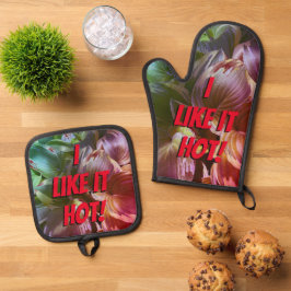 "Mir gefällt es heiß!" Ofenhandschuh & Topflappen-Set