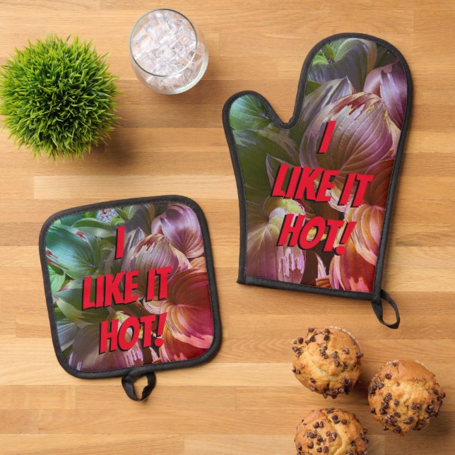"Mir gefällt es heiß!" Ofenhandschuh & Topflappen-Set (Oben Unten)