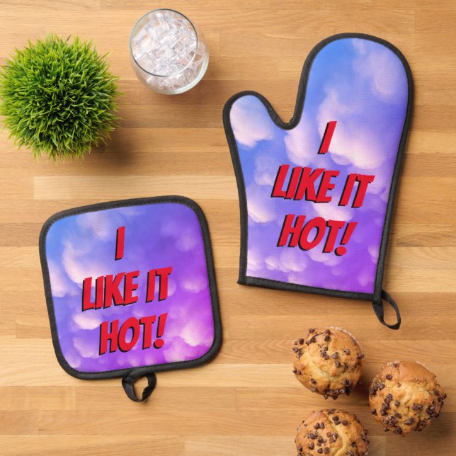 "Mir gefällt es heiß!" Ofenhandschuh & Topflappen-Set (Oben Unten)