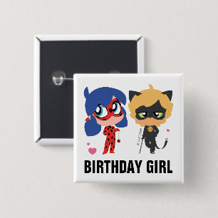 Miraculous Ladybug & Cat Noir Chibi Birthday Girl Button