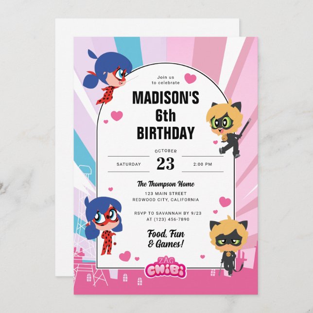 Miraculous Ladybug & Cat Noir Chibi Geburtstag Einladung (Vorne/Hinten)