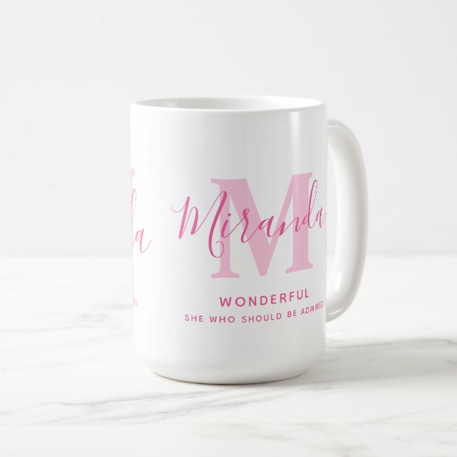 Miranda Name Bedeutung und monogramm rosa Text Kaffeetasse (VorderseiteRechts)