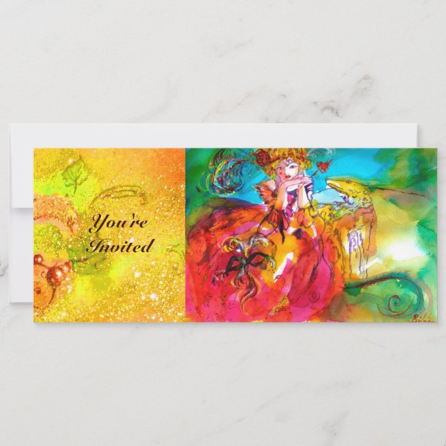 MIRANDOLINA, hellgelb-braun-grün, Glitzern Einladung (Vorderseite)