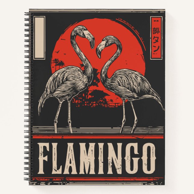 Mirrored Elegance - Flamingos in Crimson Moonlight Notizbuch (Vorderseite)