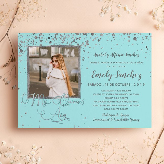 Mis Quince Anos Blue Silver Spanish Trendy Foto Einladung (Von Creator hochgeladen)