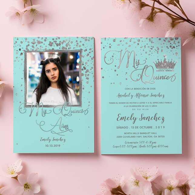 Mis Quince Anos Blue Silver Trendy Spanisches Foto Einladung (Von Creator hochgeladen)