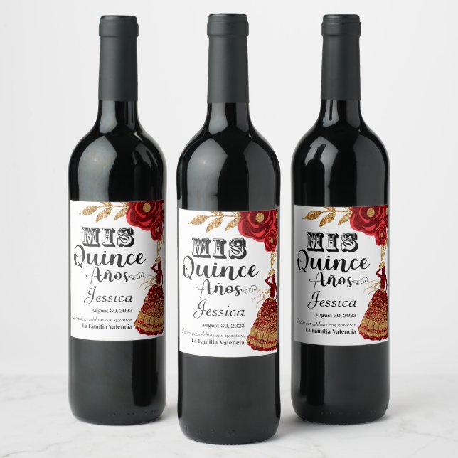 Mis Quince Anos Burgund Blumenstrauß-Western Weink Weinetikett (Flaschen)