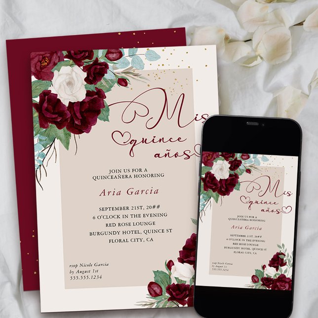 Mis Quince Anos Burgundy Ivory Floral Quinceanera Einladung (Mis Quince anos invitation from my Royal Roses collection
)