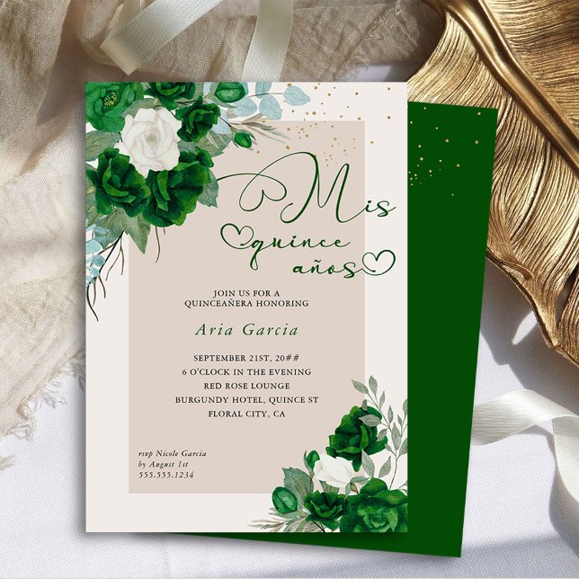 Mis Quince Anos Emerald Green Floral Quinceanera Einladung (Mis Quince Anos Invitation from the Royal Rose Emerald Green Quinceanera Collection by Darling & May)